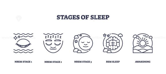 Stages of sleep depicted with icons for NREM and REM phases. Key objects, eye, face, brain. Outline icons set.