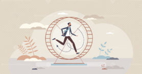 Stagnant career as running employee on hamster wheel tiny person concept