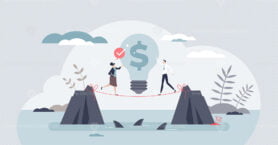Startup entrepreneur as idea funding or financial support tiny person concept