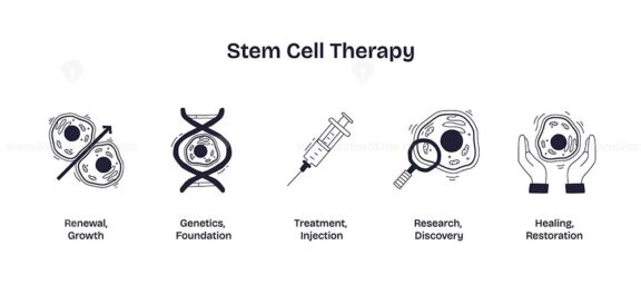 Stem cell therapy is illustrated with doodle icons of cells, DNA, syringe, magnifier, and hands, representing growth, genetics, treatment, research, and healing. Doodle style icons