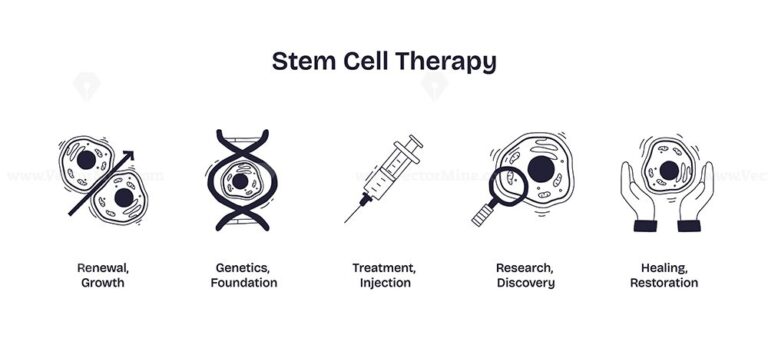 Stem cell therapy is illustrated with doodle icons of cells, DNA, syringe, magnifier, and hands, representing growth, genetics, treatment, research, and healing. Doodle style icons