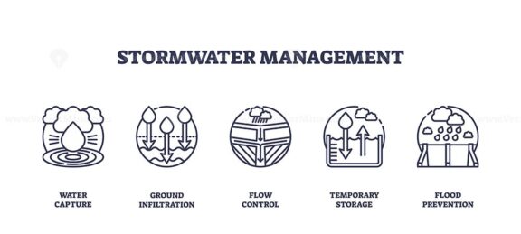 Stormwater management depicted with icons for water capture, ground infiltration, and flow control. Outline icons set.