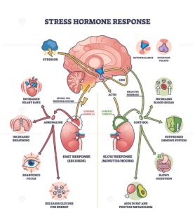 Stress hormone response shows brain, adrenal glands, and hormones in a clear outline diagram. Outline diagram
