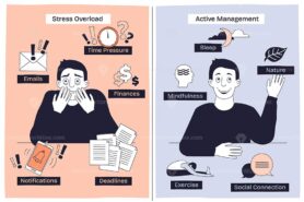 Stress management shows a worried person with emails, deadlines, and a calm person with nature, sleep. Doodle style diagram