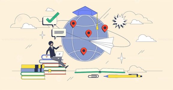 Study abroad concept with globe, paper plane, and books symbolizing exploration and education. Neubrutalism style
