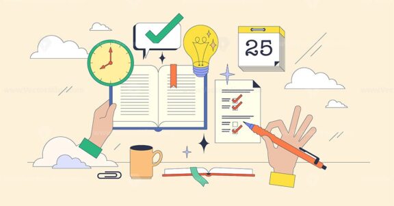 Study habits for effective and productive work tiny neubrutalism concept.
