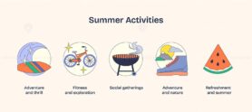 Summer activities include biking, grilling, and hiking, depicted in vibrant, bold icons. Neubrutalism style