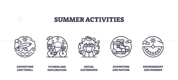 Summer activities icons depict adventure, fitness, and refreshment with a surfboard, bicycle, and watermelon. Outline icons set.