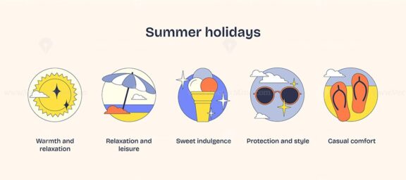 Summer holidays depicted with sun, ice cream, and sunglasses in vibrant, bold colors. Neubrutalism style