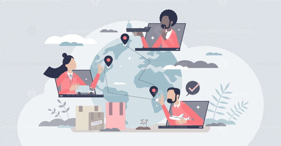 Supply chain management employees with scm control with tiny person concept