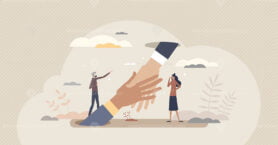 Support and help with advice or solution in job trouble tiny person concept