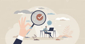 Surveillance at work as corporate checking their employee tiny person concept