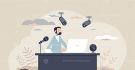 Surveillance at work and CCTV camera workplace monitoring tiny person concept