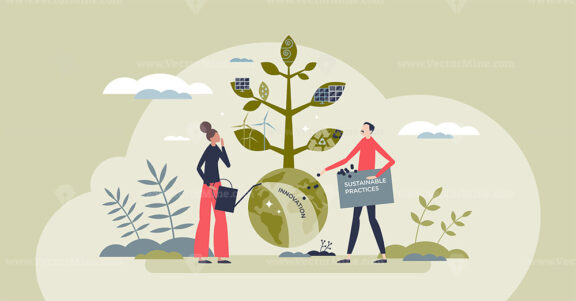 Sustainability and green business practices or principles tiny person concept