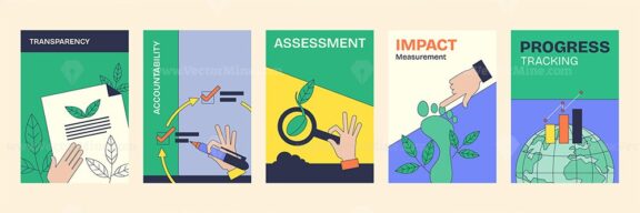 Sustainability reporting poster shows hands, leaves, and graphs, symbolizing transparency and progress. Neubrutalism style