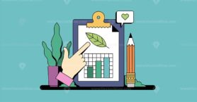 Sustainability reporting visual with a hand pointing at a leaf on a clipboard, emphasizing eco-friendly data. Neubrutalism hands concept