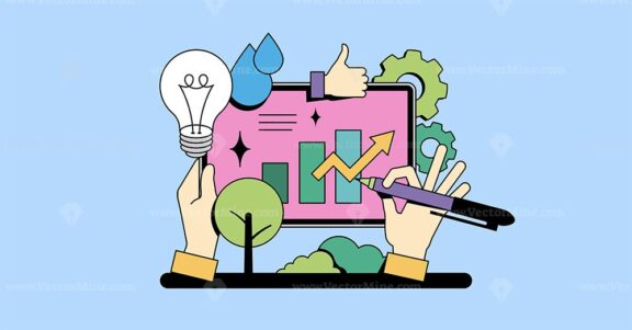 Sustainability reporting visual with hands holding a tablet, lightbulb, and pen. Neubrutalism hands concept
