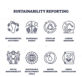 Sustainability reporting and corporate ecology outline icons collection set