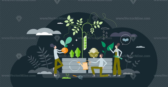 Sustainable agronomy as nature friendly eco gardening tiny person concept