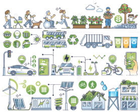 Sustainable city community and green lifestyle living outline collection set