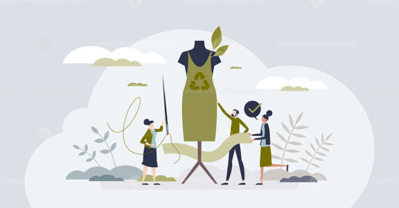 Sustainable fashion and clothe with recyclable materials tiny person concept