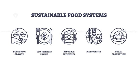 Sustainable food systems focus on nurturing growth, eco-friendly eating, resource efficiency, biodiversity, and local production. Outline icons set