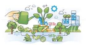 Sustainable growth and green investments development outline hands concept