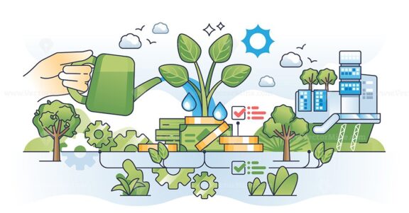 Sustainable growth and green investments development outline hands concept