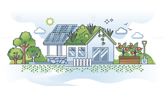 Sustainable housing and home with green and lush solar roof outline concept