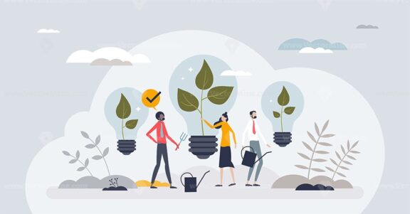 Sustainable innovation and smart ecological business tiny person concept