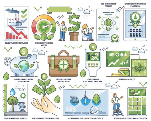 Sustainable investing and ecological green business outline collection set