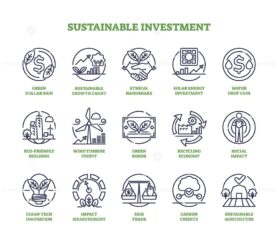 Sustainable investment and green finances in outline icons collection set