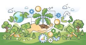 Sustainable investment with green money profits outline hands concept