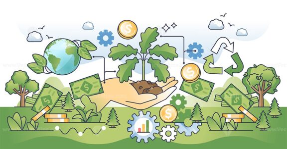 Sustainable investment with green money profits outline hands concept