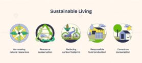 Sustainable living icons depict resource conservation, reducing carbon footprint, and conscious consumption. Neubrutalism style