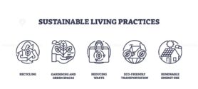 Sustainable living icons include recycling, gardening, and transportation. Outline icons set.