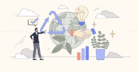 Sustainable business marketing strategies tiny person neubrutalism concept