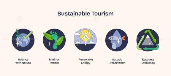 Sustainable tourism icons highlight balance with nature, minimal impact, and renewable energy. Neubrutalism style