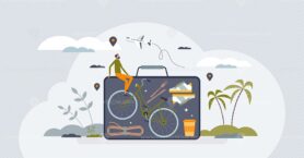 Sustainable travel with environmental transport choice tiny person concept