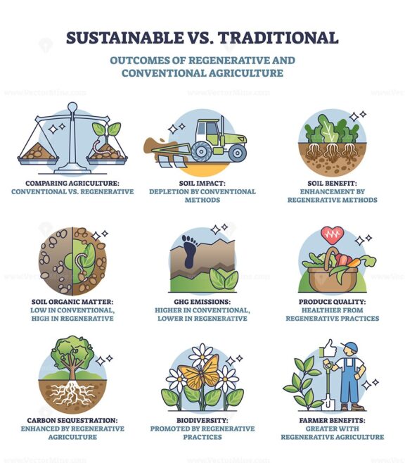 Sustainable vs traditional outcomes of regenerative farming outline diagram