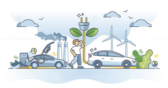 Switching to electric auto and green electricity consumption outline concept