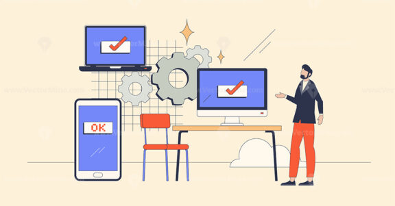 Synchronized business on multiple web platforms retro tiny person concept