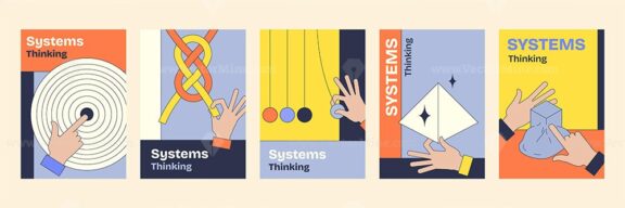 Systems thinking is visualized through interconnected hands, geometric shapes, and Newtons cradle, embodying complexity and interaction. Neubrutalism style