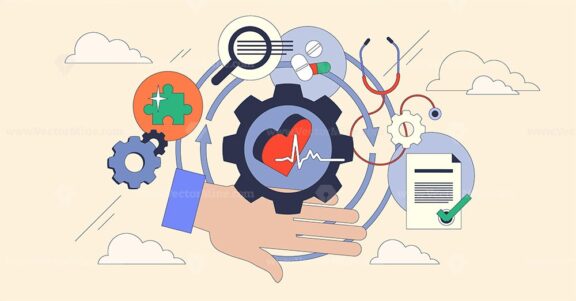 Systems thinking in healthcare is visualized with gears, a heart, and a stethoscope, symbolizing interconnected care processes. Neubrutalism style.