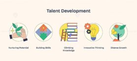 Talent development is depicted with icons of nurturing, puzzle, books, bulb, and tree, symbolizing growth and learning. Neubrutalism style.