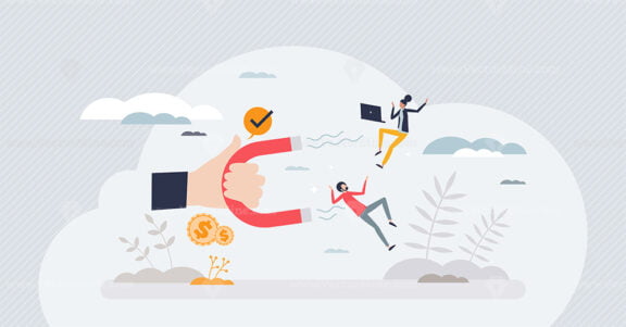 Talent retention or employee management with benefits tiny person concept