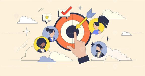 Target audience concept with diverse avatars around a dartboard. Key elements, dartboard, avatars, hand. Neubrutalism style.