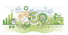 Task automation and effective automatic work management outline hands concept