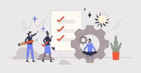 Task management and effective work organization retro tiny person concept