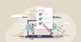 Tax refund and annual VAT declaration with money payback tiny person concept